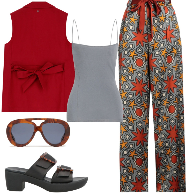 Outfit donna - Casual. Stile Casual per Tutti i giorni. Abbinamento con pantaloni, top, sandali in pelle, gilet, occhiali da sole.