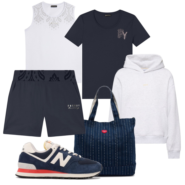 Outfit donna - Vado in palestra. Stile Casual per Sport. Abbinamento con sneakers, shorts, top sportivi, t-shirt, felpe con cappuccio, borse tote.
