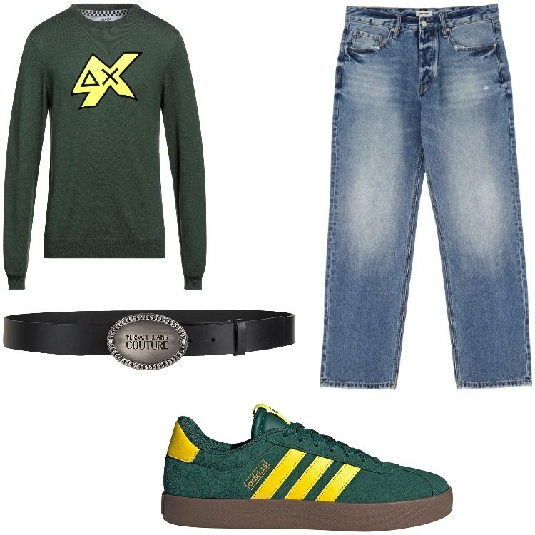 Outfit uomo - Verde militare in città. Stile Urban per Tutti i giorni. Abbinamento con pullovers, cinture, jeans, sneakers.