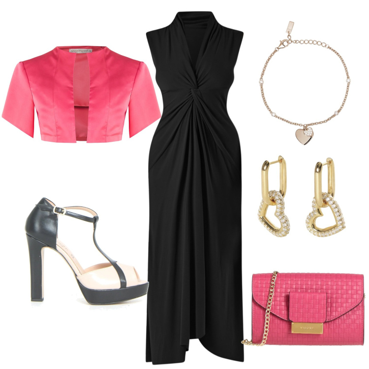 Outfit donna - Sexy night. Stile Sexy per Serata fuori. Abbinamento con borse a tracolla, orecchini, braccialetti con ciondoli, vestiti senza maniche, bolero, sandali col tacco.