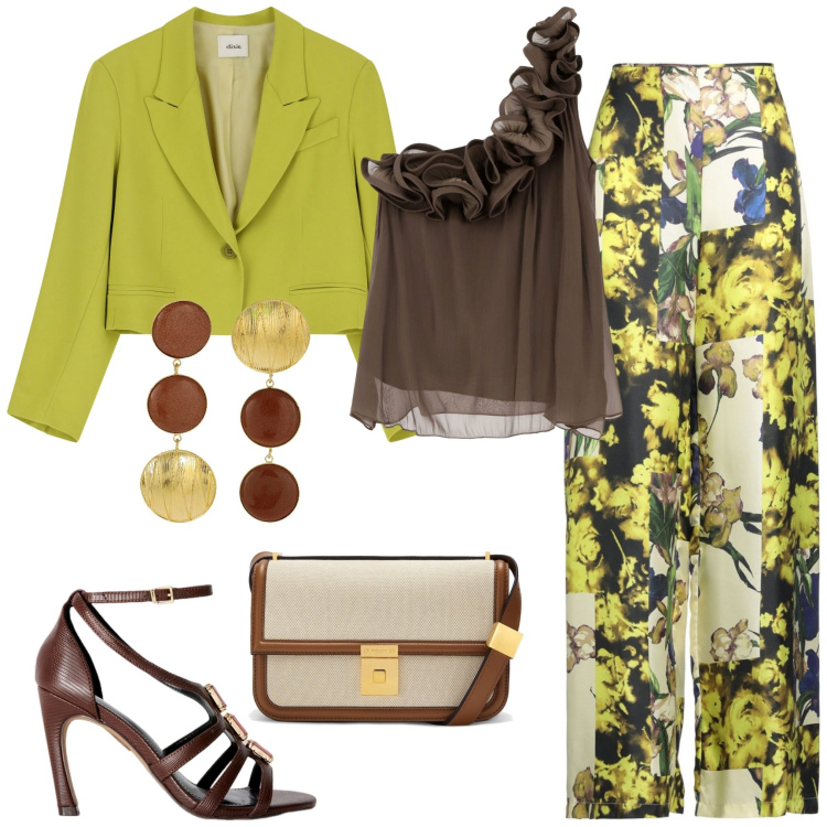 Outfit donna - Fogliage. Stile Bon Ton per Tutti i giorni. Abbinamento con pantaloni, blazer, top, orecchini, sandali gioiello, borse a tracolla.