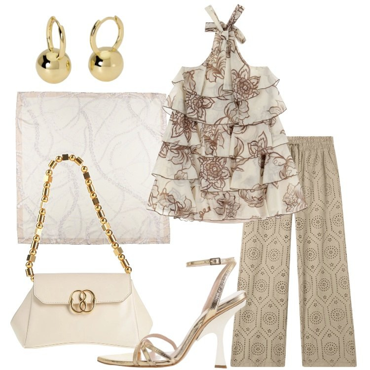 Outfit donna - Rouches e sangallo. Stile Romantica per Cerimonia. Abbinamento con borse a mano, sciarpe, orecchini, vestiti corti, pantaloni, sandali col tacco.