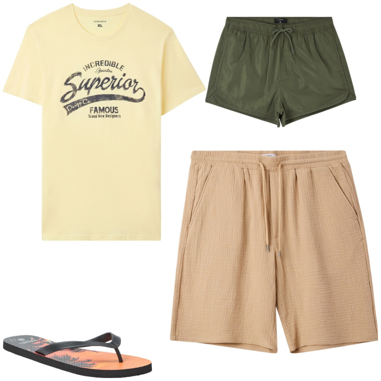 Outfit uomo - Total look #2168489. Stile Casual per Mare. Abbinamento con sandali, costumi, t-shirt, pantaloni corti.