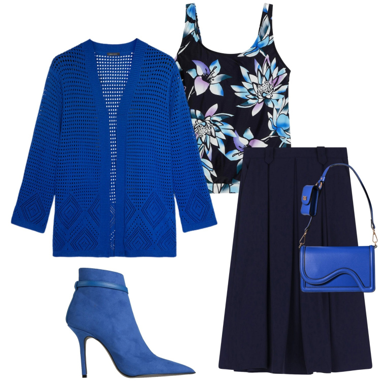 Outfit donna - Serata fuori. Stile Casual chic per Serata fuori. Abbinamento con top, stivaletti, pochette, gonne longuette, cardigans.