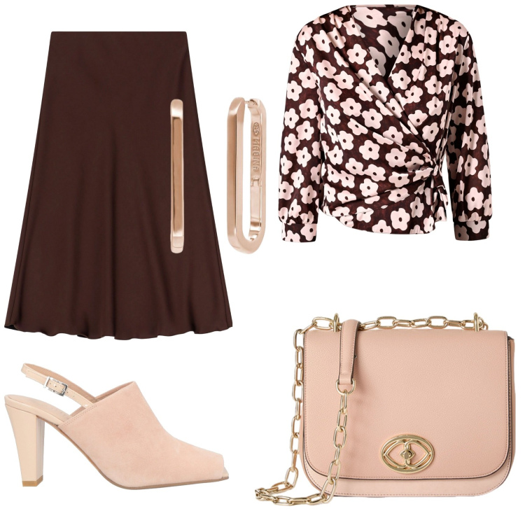 Outfit donna - Elegante e comoda in ufficio. Stile Casual chic per Ufficio. Abbinamento con sandali in pelle, orecchini, bluse, gonne, borse a tracolla.