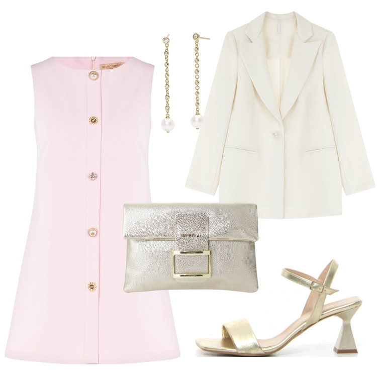 Outfit donna - Tubino Rosa con Bottoni Gioiello. Stile Chic per Serata fuori. Abbinamento con orecchini, vestiti a tubino, blazer, pochette, sandali col tacco.