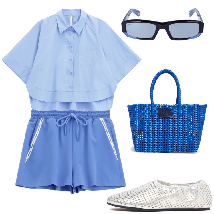 Outfit donna - Sporty. Stile Casual per Tutti i giorni. Abbinamento con shorts, camicie a manica corta, ballerine, occhiali da sole, shopping bag.