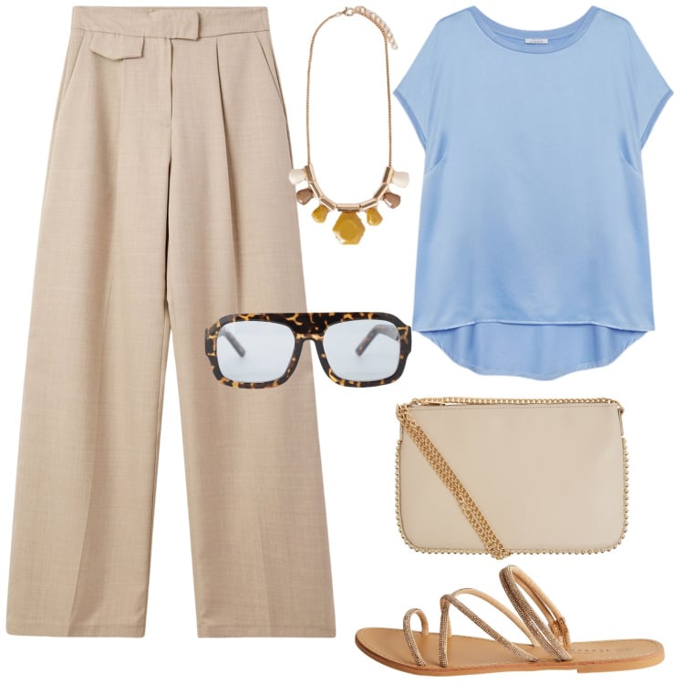Outfit donna - Color cielo e beige. Stile Casual chic per Tutti i giorni. Abbinamento con pantaloni, borse a tracolla, sandali, occhiali da sole, bluse, collane.