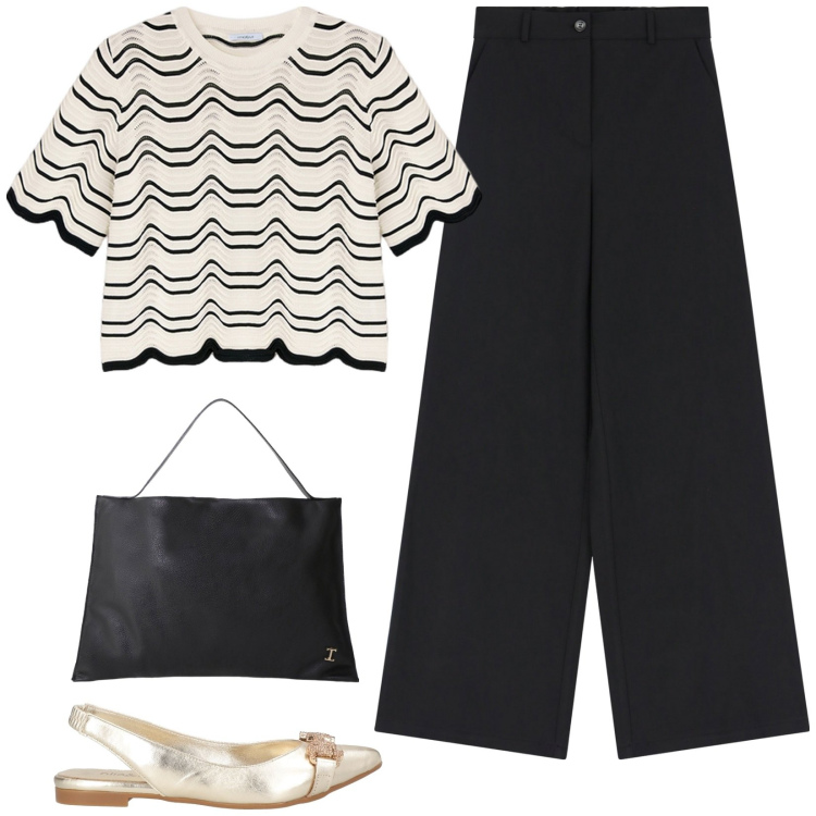Outfit donna - Semplicità. Stile Casual chic per Tutti i giorni. Abbinamento con ballerine, borse a spalla, pantaloni, maglieria.