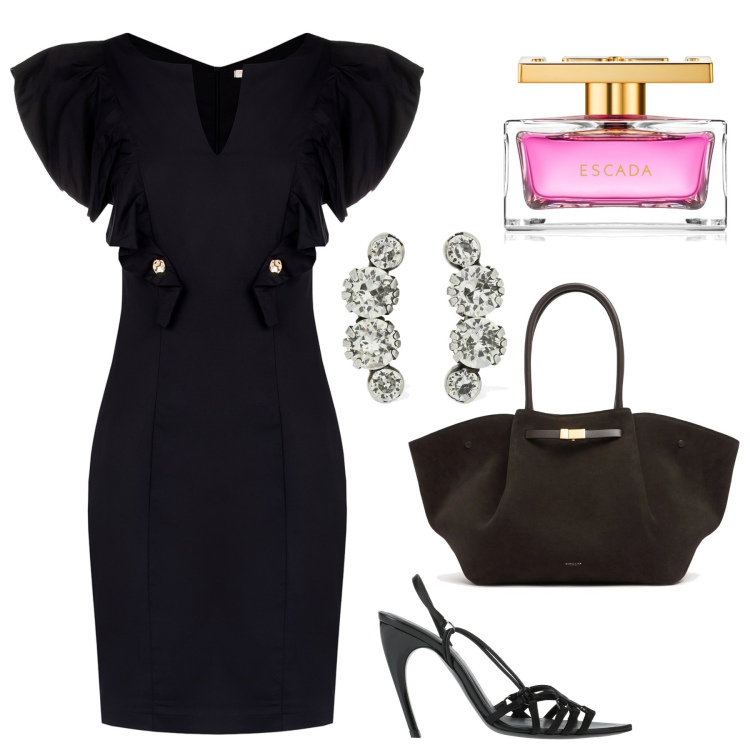 Outfit donna - Tubino nero con accessori e profumo. Stile Bon Ton per Serata fuori. Abbinamento con sandali col tacco, profumi, vestiti a tubino, orecchini, shopping bag.