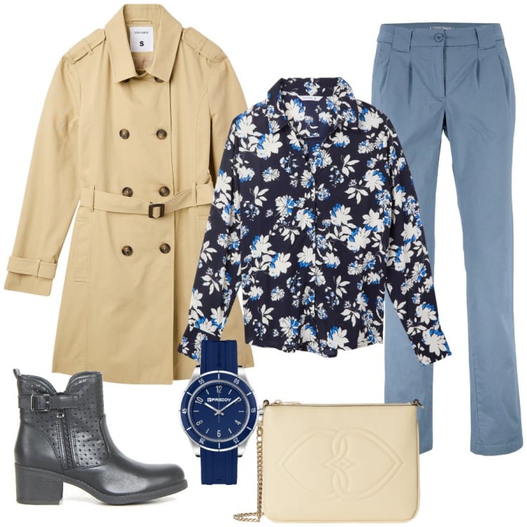 Outfit donna - In ufficio. Stile Casual chic per Ufficio. Abbinamento con pantaloni chino, trench, camicie, orologi, stivaletti, pochette.