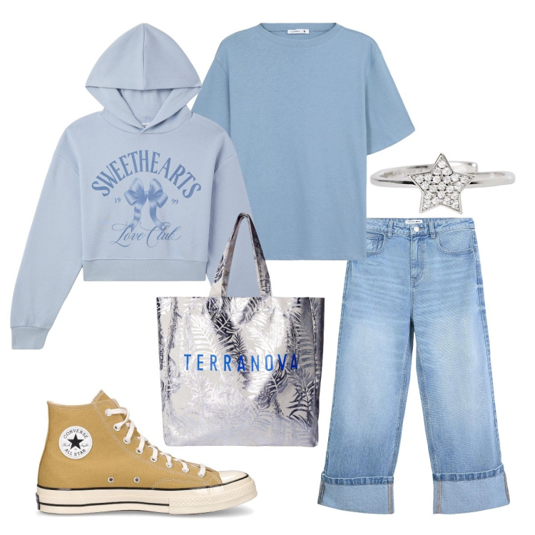 Outfit donna - A lezione. Stile Trendy per Scuola/Università. Abbinamento con borse tote, t-shirt, felpe con cappuccio, jeans, anelli, sneakers.