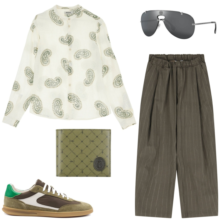 Outfit uomo - Verde pantalone e camicia fantasia. Stile Casual Abbinamento con portafogli, occhiali da sole, pantaloni, camicie, sneakers.