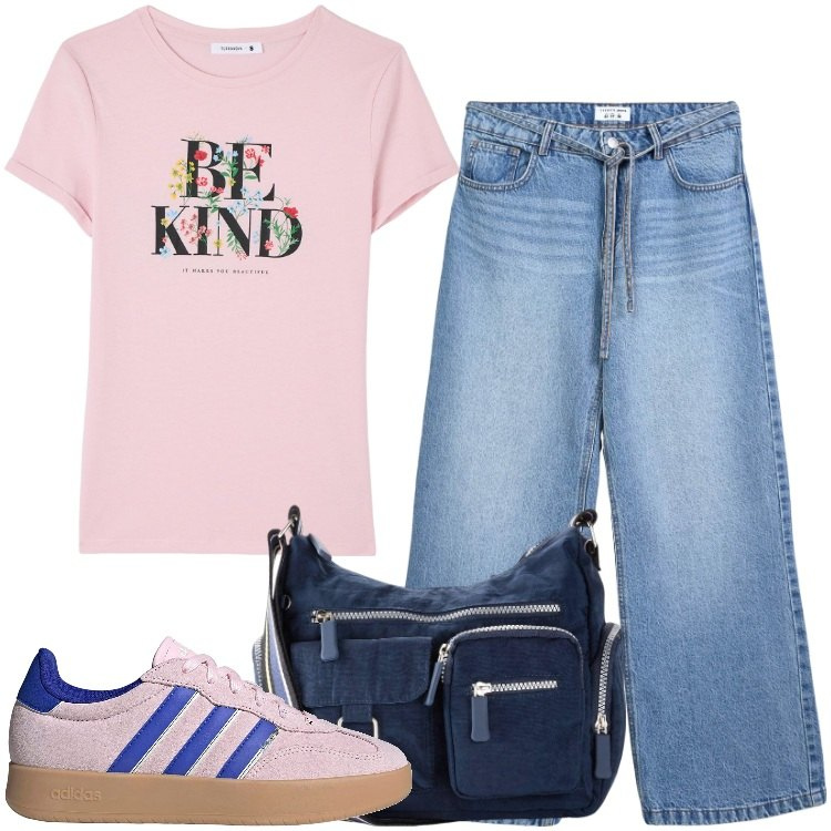 Outfit donna - Be Kind. Stile Casual per Tutti i giorni. Abbinamento con borse a tracolla, jeans, t-shirt, sneakers.