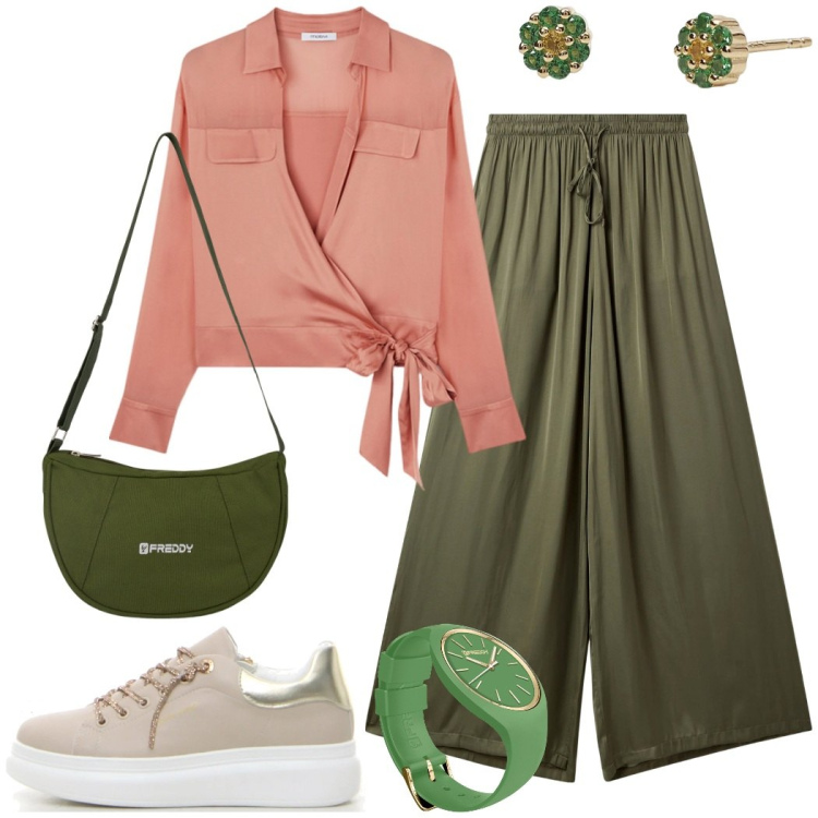 Outfit donna - Giornata libera. Stile Casual chic per Tutti i giorni. Abbinamento con pantaloni a palazzo, orecchini, borse a spalla, orologi, camicie, sneakers.