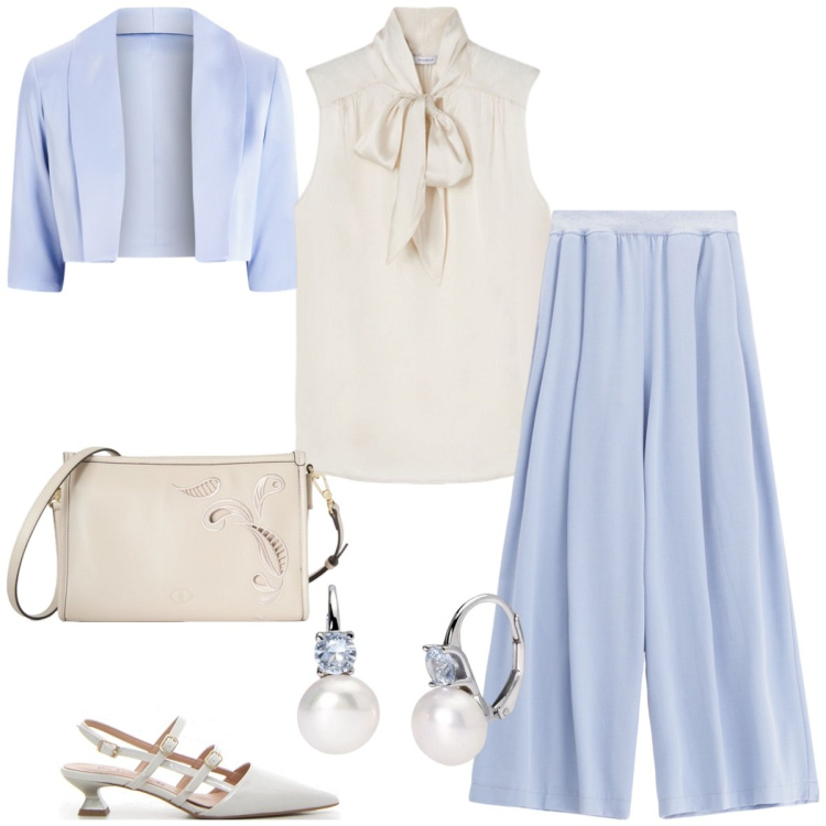 Outfit donna - Cerimonia. Stile Chic per Cerimonia. Abbinamento con pantaloni, orecchini, bolero, top, décolleté, borse a tracolla.