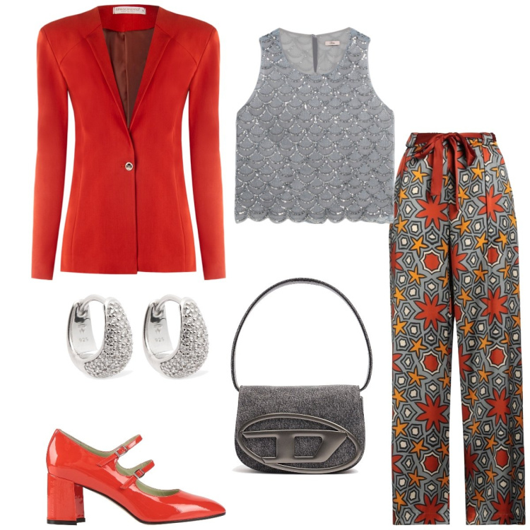 Outfit donna - Aragosta. Stile Chic per Tutti i giorni. Abbinamento con pantaloni, décolleté, blazer, orecchini, top, borse a spalla.