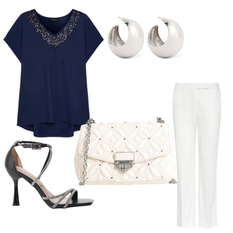 Outfit donna - Total look #2168587. Stile Casual chic per Serata fuori. Abbinamento con borse a tracolla, sandali col tacco, bluse, orecchini, pantaloni.