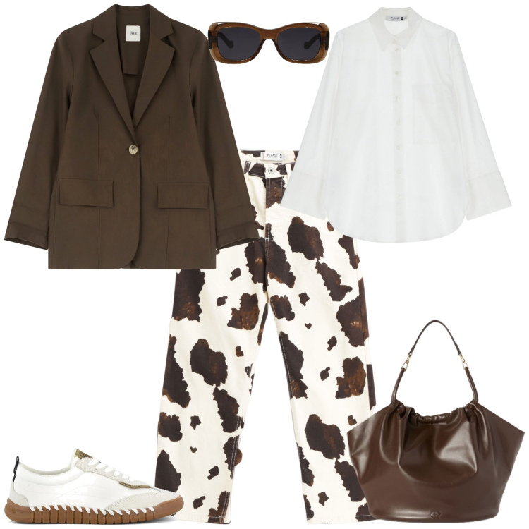 Outfit donna - Total look #2168588. Stile Trendy per Ufficio. Abbinamento con occhiali da sole, pantaloni, camicie, blazer, sneakers, borse a secchiello.