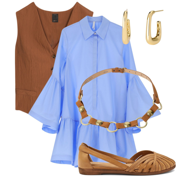 Outfit donna - Cielo e terra. Stile Urban per Tutti i giorni. Abbinamento con orecchini, vestiti chemisier, cinture, gilet, ballerine.