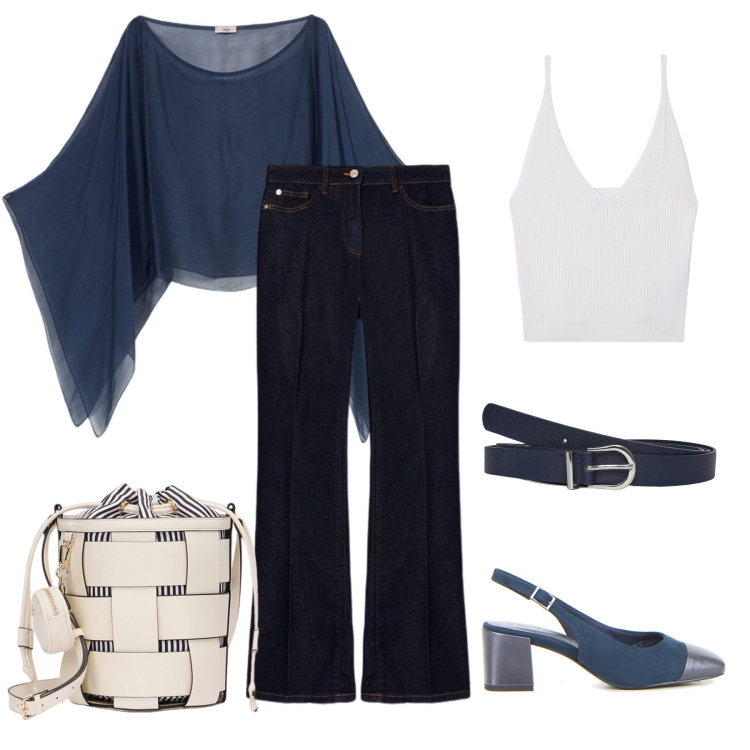 Outfit donna - Profondo blu. Stile Minimal per Tutti i giorni. Abbinamento con top, cinture, jeans, bolero, borse a secchiello, décolleté.