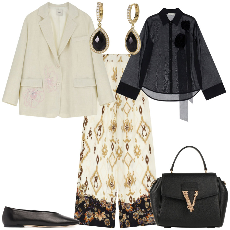 Outfit donna - Evento serata speciale. Stile Chic per Serata fuori. Abbinamento con borse a mano, orecchini, blazer, pantaloni, camicie, ballerine.