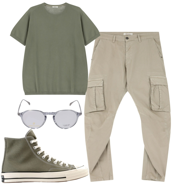 Outfit uomo - City. Stile Casual per Tutti i giorni. Abbinamento con sneakers, t-shirt, pantaloni cargo, occhiali da sole.
