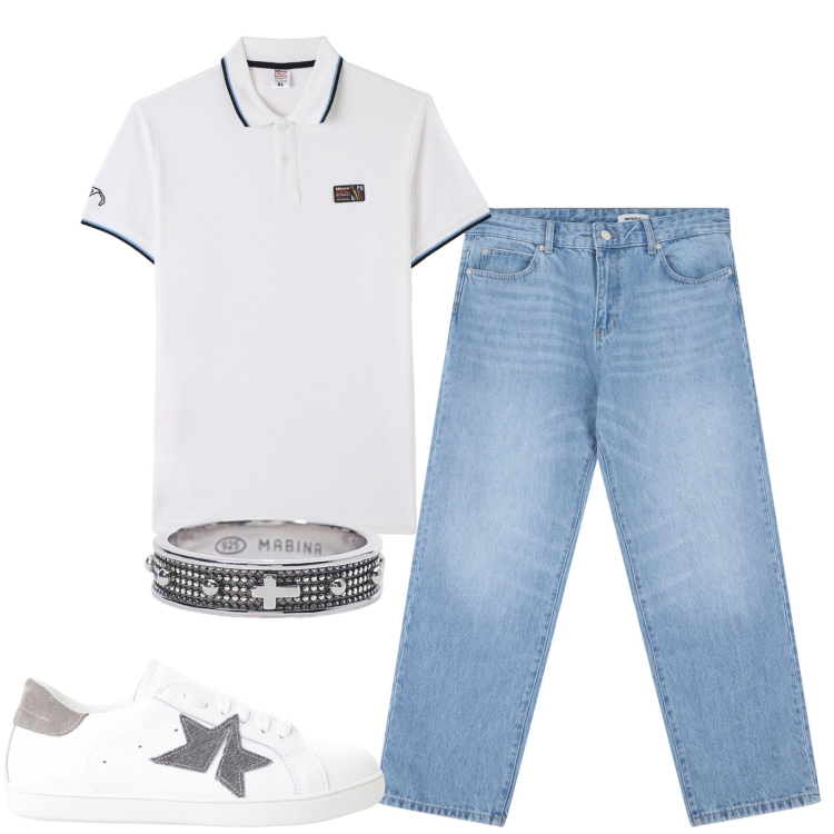 Outfit uomo - Maggio. Stile Casual per Tutti i giorni. Abbinamento con polo, anelli, jeans, sneakers.