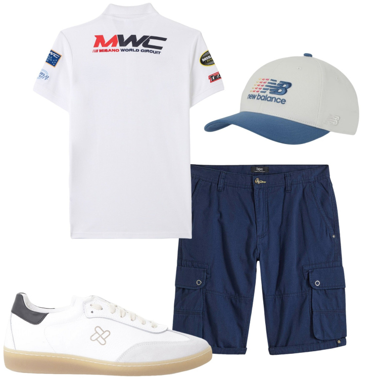 Outfit uomo - Maggio. Stile Casual per Tutti i giorni. Abbinamento con bermuda, polo, cappelli, sneakers.