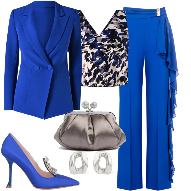 Outfit donna - Cerimonia. Stile Chic per Cerimonia. Abbinamento con décolleté, pantaloni, top, blazer, pochette, orecchini.