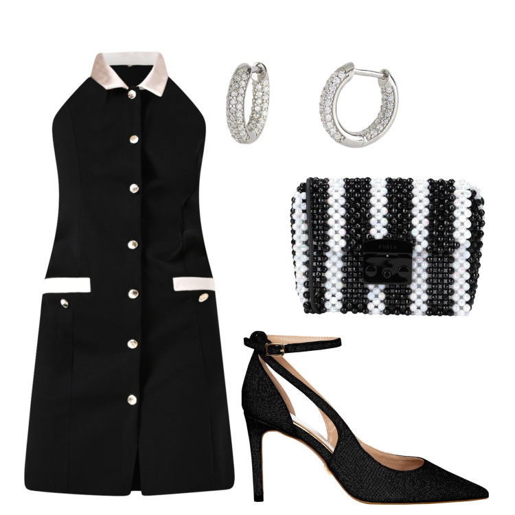 Outfit donna - Abito Giacca con Bordi a Contrasto. Stile Chic per Serata fuori. Abbinamento con borse a tracolla, vestiti chemisier, décolleté, orecchini.