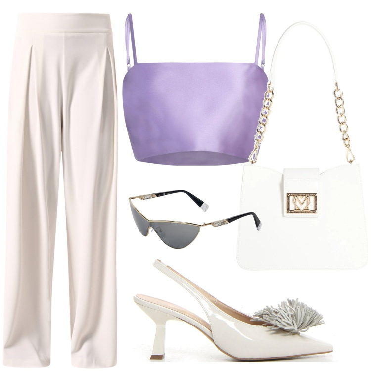 Outfit donna - Il top viola. Stile Chic per Serata fuori. Abbinamento con top, borse a spalla, occhiali da sole, pantaloni a palazzo, décolleté.