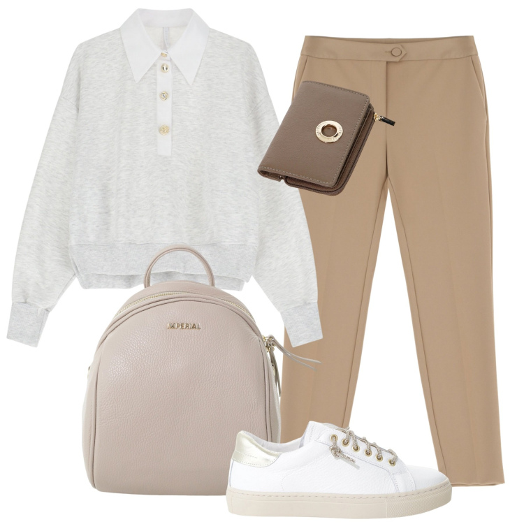 Outfit donna - Total look #2168627. Stile Casual per Ufficio. Abbinamento con pantaloni, sneakers, portafogli, felpe, zaini.