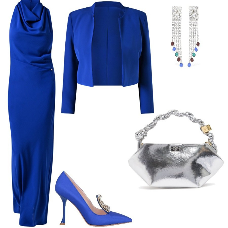 Outfit donna - L\'eleganza del blu reale. Stile Chic per Cerimonia. Abbinamento con décolleté, vestiti lunghi, blazer, orecchini, borse a mano.