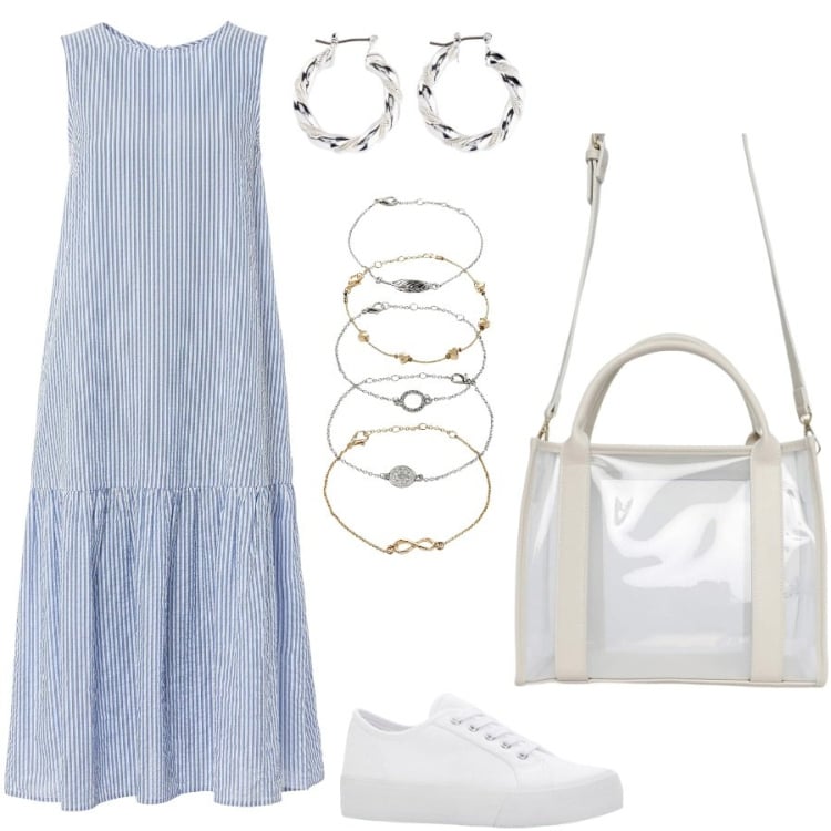 Outfit donna - Righe. Stile Casual per Tutti i giorni. Abbinamento con vestiti midi/longuette, sneakers, braccialetti con ciondoli, orecchini, borse tote.