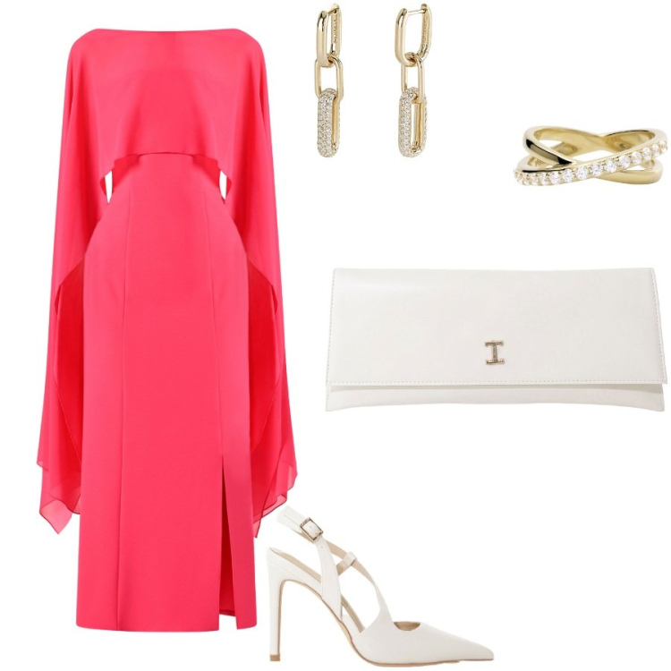 Outfit donna - Rosso fragola. Stile Chic per Cerimonia. Abbinamento con vestiti, orecchini, anelli, pochette, décolleté.