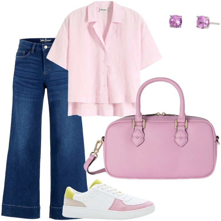 Outfit donna - Pink. Stile Casual chic per Scuola/Università. Abbinamento con jeans a zampa, camicie, sneakers, orecchini, borse a mano.