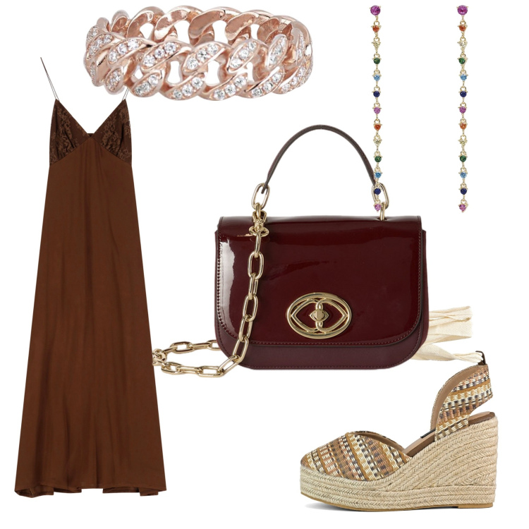 Outfit donna - Estate. Stile Chic per Serata fuori. Abbinamento con orecchini, anelli, vestiti lunghi, zeppe, borse a tracolla.