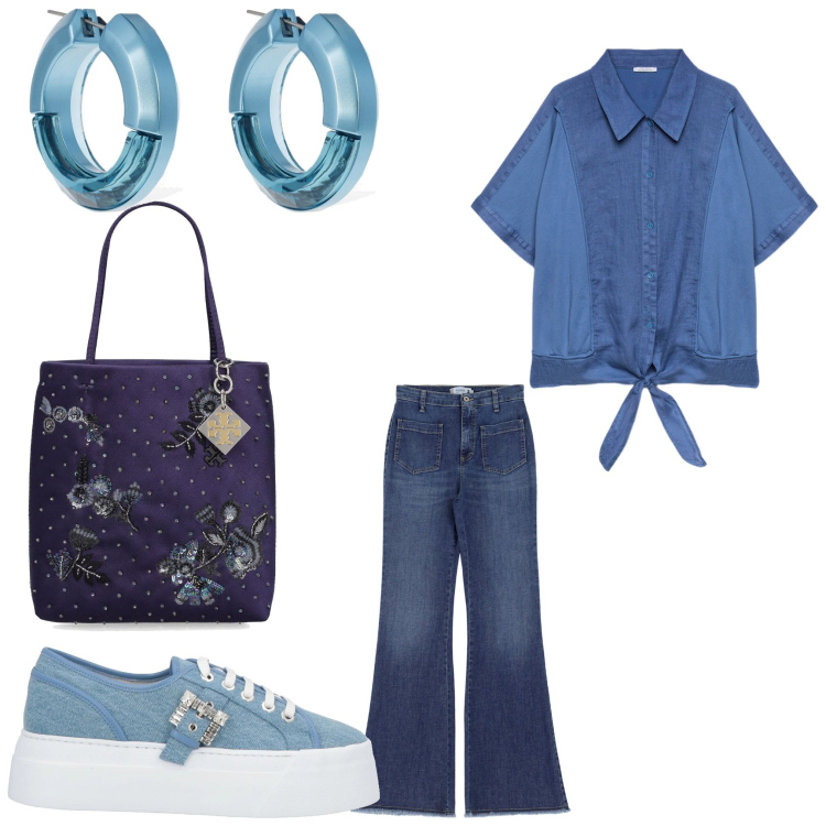 Outfit donna - Blu everyday. Stile Sporty chic per Tutti i giorni. Abbinamento con sneakers, jeans, camicie, borse a mano, orecchini.