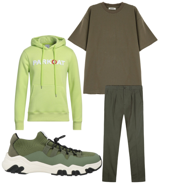 Outfit uomo - Verde sport. Stile Casual per Tutti i giorni. Abbinamento con sneakers, felpe con cappuccio, t-shirt, pantaloni.