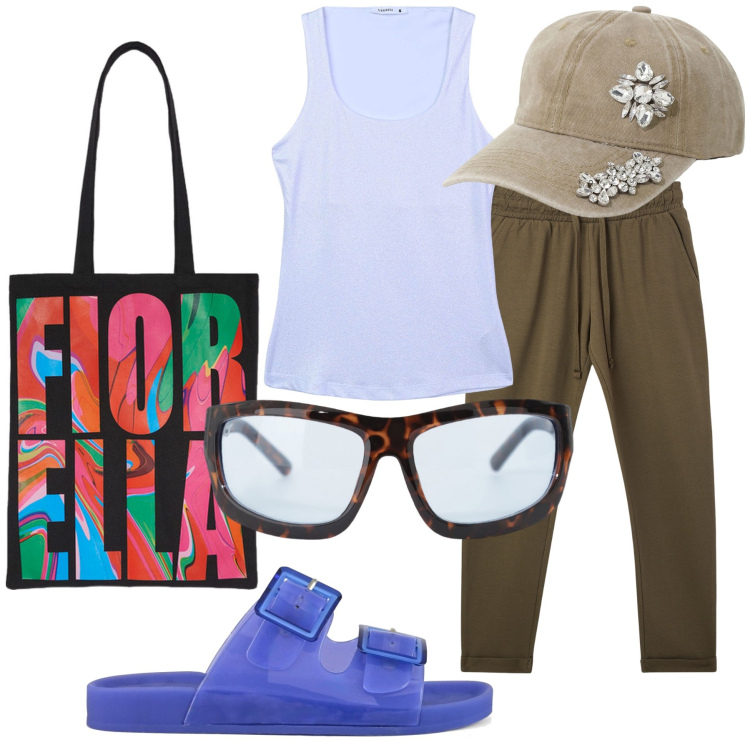 Outfit donna - Basket hat with strass. Stile Casual chic per Tutti i giorni. Abbinamento con pantaloni, canottiere, occhiali da sole, cappelli, borse tote, sandali.