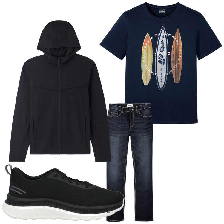 Outfit uomo - Black casual. Stile Casual per Tutti i giorni. Abbinamento con t-shirt, jeans bootcut, sneakers, felpe con cappuccio.