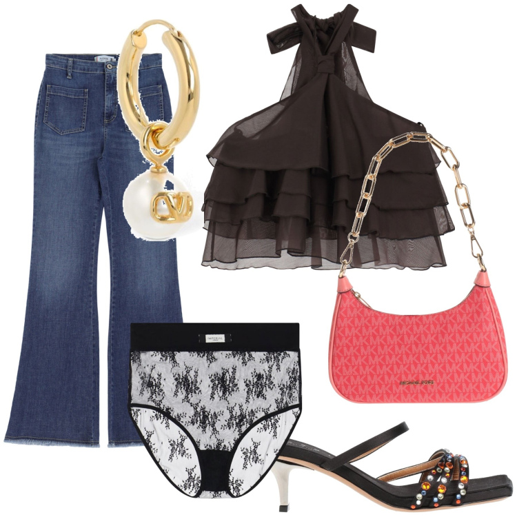 Outfit donna - Aperijeans. Stile Glamour per Serata fuori. Abbinamento con borse a mano, sandali col tacco, jeans, top, slip, orecchini.