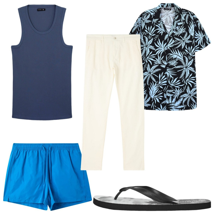 Outfit uomo - Total look #2168663. Stile Trendy per Mare. Abbinamento con pantaloni chino, camicie a manica corta, canottiere, costumi, sandali.