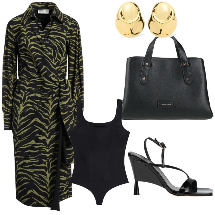 Outfit donna - Meeting importante. Stile Urban per Ufficio. Abbinamento con sandali in pelle, borse a mano, vestiti midi/longuette, body, orecchini.