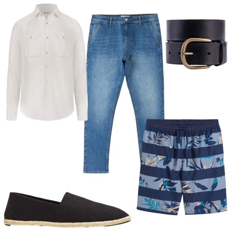 Outfit uomo - Total look #2168672. Stile Trendy per Mare. Abbinamento con espadrillas, costumi, jeans skinny, camicie, cinture.