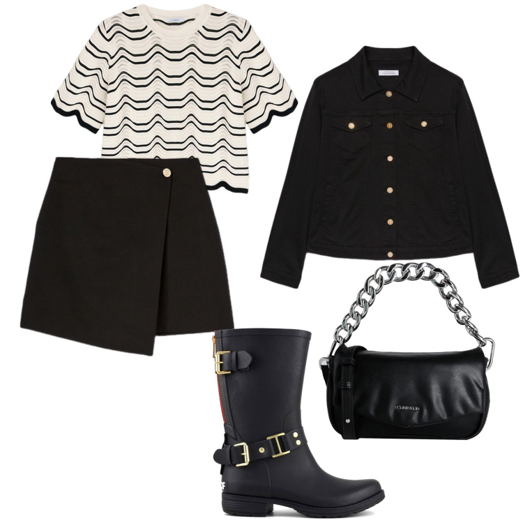 Outfit donna - Un’ anima rock. Stile Rock per Tutti i giorni. Abbinamento con borse a mano, stivali, blazer, maglieria, minigonne.