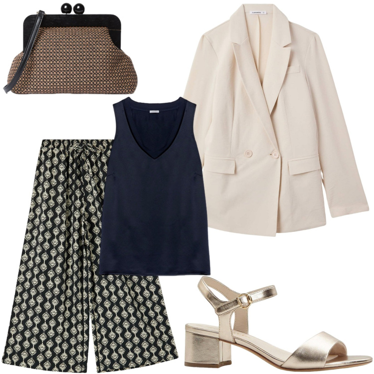 Outfit donna - Summer Night. Stile Casual chic per Serata fuori. Abbinamento con sandali col tacco, pantaloni a palazzo, blazer, clutch, top.