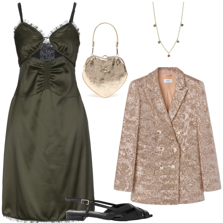 Outfit donna - Chic. Stile Chic per Serata fuori. Abbinamento con vestiti corti, ciondoli, sandali, blazer, pochette.