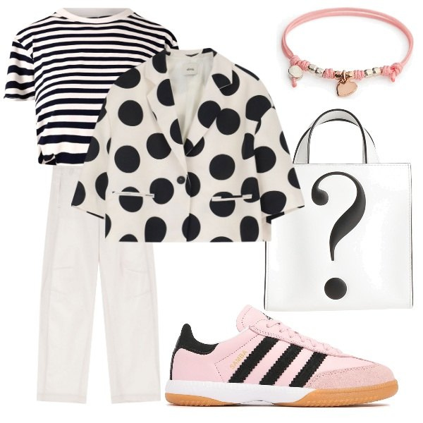 Outfit donna - spiritosa in ufficio. Stile Urban per Ufficio. Abbinamento con borse a mano, pantaloni, blazer, t-shirt, sneakers, braccialetti.